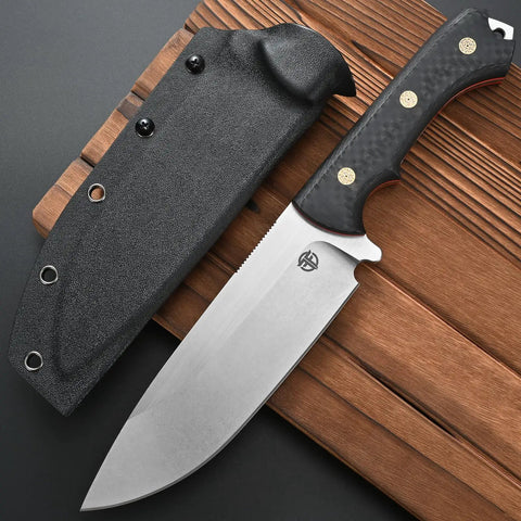 Rugged AUS 10 Fixed Blade Knife With Carbon Fiber Handle Full Tang Outdoor Survival Knife With Sheath on wooden surface