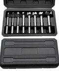 Premium Alloy Steel Heavy Duty Forstner Bit Set Featuring Eight Precision Heat Treated Round Shank Hole Cutters in black case.