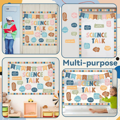 Science Themed Bulletin Board Set For Classrooms With Cool Boho Vibe Back To School Classroom Decoration Kit Includes Science Talk Title Banner 12 Sentence Starters 8 Banner Cutouts 14 Borders And 6 Sheets Dots displayed in classrooms.