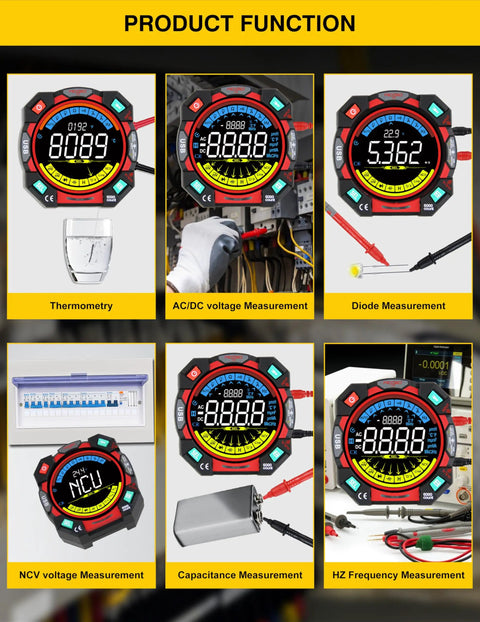 Go To Portable Digital Multimeter Tester with 6000 Counts VA Display performing various measurements and diagnostics.
