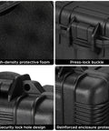 Close-up of Hella Sturdy Portable Plastic Toolbox With Foam Padding detailing high-density foam, press-lock buckle, and security lock features.