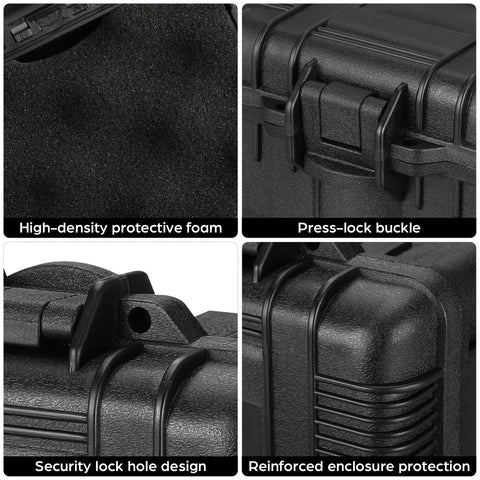 Close-up of Hella Sturdy Portable Plastic Toolbox With Foam Padding detailing high-density foam, press-lock buckle, and security lock features.
