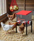 Top Shelf Metal Chicken Feeder With 30 Pound Capacity And Six Accessible Ports in coop with chickens feeding from it.
