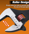 Close-up of 10 Inch Adjustable Spud Wrench With Black Oxide Finish, SAE And Metric Scale showing roller design adjustment feature