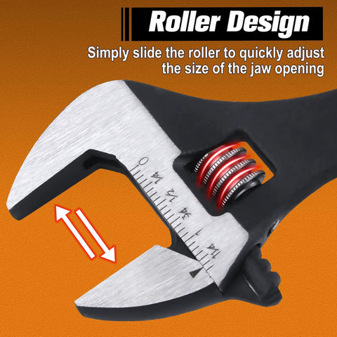 Close-up of 10 Inch Adjustable Spud Wrench With Black Oxide Finish, SAE And Metric Scale showing roller design adjustment feature