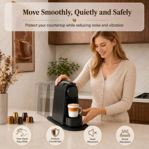Woman using Smooth Glide Sliding Mat With Anti Slip Base for Nespresso Essenza Mini EN85 on kitchen countertop