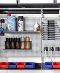 Heavy Duty Wall Mount Aerosol Can Holder Set 2 Pack with spray cans, part of organized garage workshop panel setup.