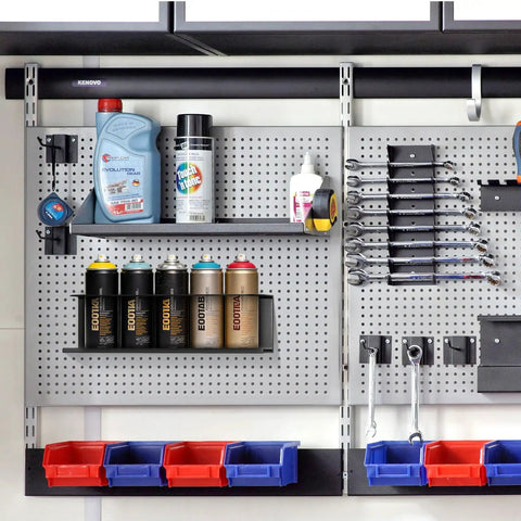 Heavy Duty Wall Mount Aerosol Can Holder Set 2 Pack with spray cans, part of organized garage workshop panel setup.