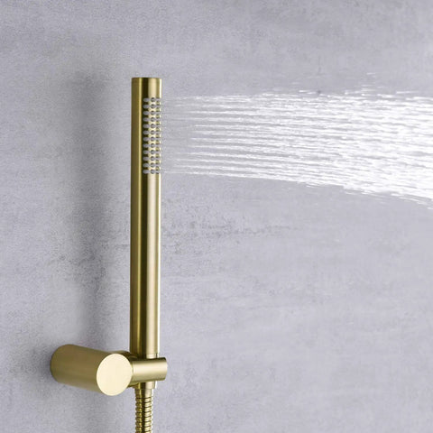 Top Notch Brushed Gold Shower Faucet System With A Sleek Eight Inch Rainfall Head Pumping High Pressure And Equipped With Slick Silicone Nozzles That Wipe Away Lime Buildup No Sweat For A Solid Bath Upgrade