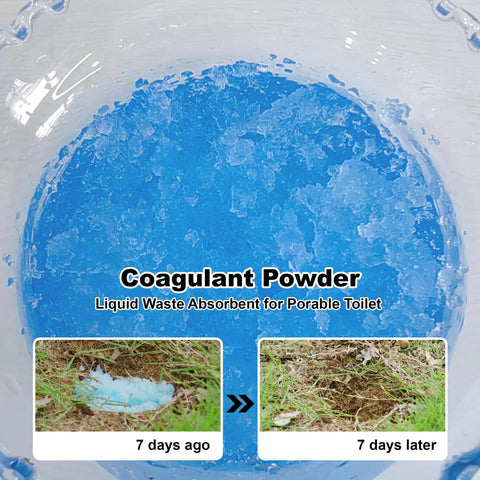 Portable Camp Toilet Kit with absorbent gel, liquid waste coagulant powder showing 7-day absorption effect for outdoor use.