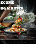 Rollin Grill Basket with Removable Beech Wood Handle and 304 Stainless Steel Build pouring grilled veggies onto plate
