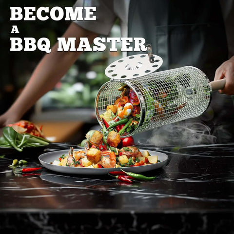Rollin Grill Basket with Removable Beech Wood Handle and 304 Stainless Steel Build pouring grilled veggies onto plate