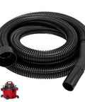 Two And A Quarter Inch Shop Vac Hose Extension, Ten Foot Cuff With 2.25 Inch Connection, coiled black vacuum hose with red vacuum.
