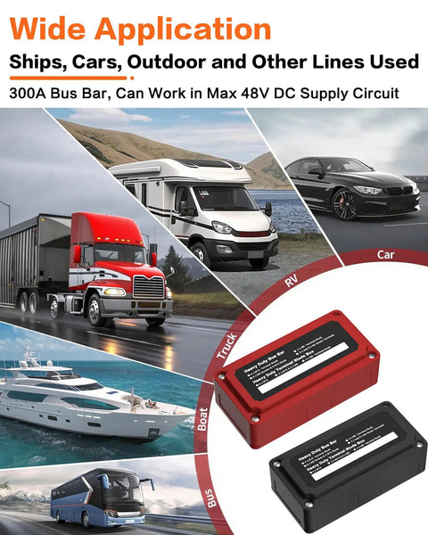 Built Tough 300A Waterproof Power Distribution Block With Four 5/16 M8 Terminal Studs in use for trucks, RVs, boats, and cars.