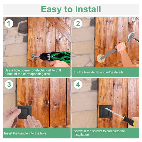 Installation steps for Two Pack Recessed Finger Pulls For Doors, showing drill, placement, and screwing of 2.75 inch flush pull handles.