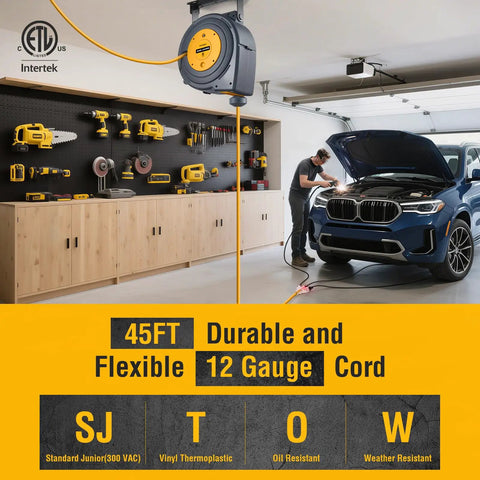 45 Foot Retractable 12 Gauge Extension Cord Reel With 3 Conductor SJTOW Heavy Duty Power Cable in garage setting
