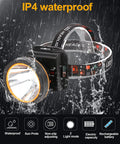 Rechargeable Ultra Bright Headlamp With 6000 Lumens And 500 Meters Of Reach in rain showcasing IPX7 waterproof feature.