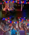 Two Pack Solar Powered Patriotic Star String Lights With 100 LEDs Each 33 Ft Long Waterproof Outdoor Decor For Patio And Garden Independence Day Red White Blue 8 Lighting Modes illuminating a festive outdoor dinner party setup.