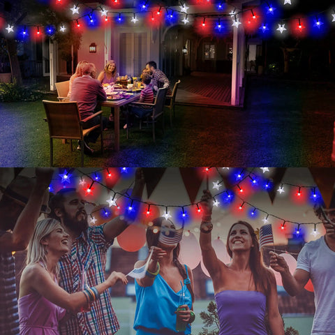 Two Pack Solar Powered Patriotic Star String Lights With 100 LEDs Each 33 Ft Long Waterproof Outdoor Decor For Patio And Garden Independence Day Red White Blue 8 Lighting Modes illuminating a festive outdoor dinner party setup.
