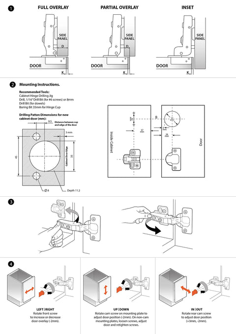 Diagram showing Full Overlay European Soft Close Cabinet Hinges for Kitchen Cabinets with installation and adjustment instructions.