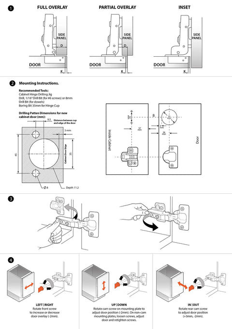 Full Overlay European Soft Close Cabinet Hinges 105 Degree Frameless Concealed Door Hinges 10 Pack 5 Way Adjustability Installation Diagram