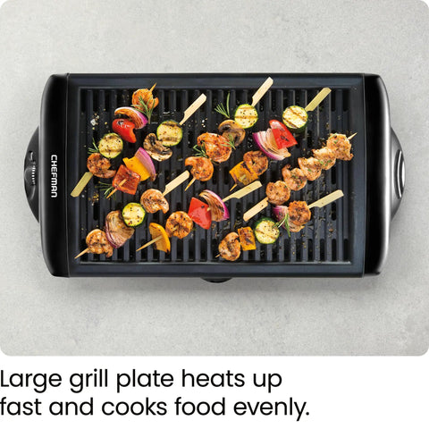 Smokeless Indoor Grill With Nonstick Cooking Surface And Adjustable Temperature From Warm To Sear For Realistic At Home BBQ Flavor Easy Cleanup With Dishwasher Safe Water Tray Black