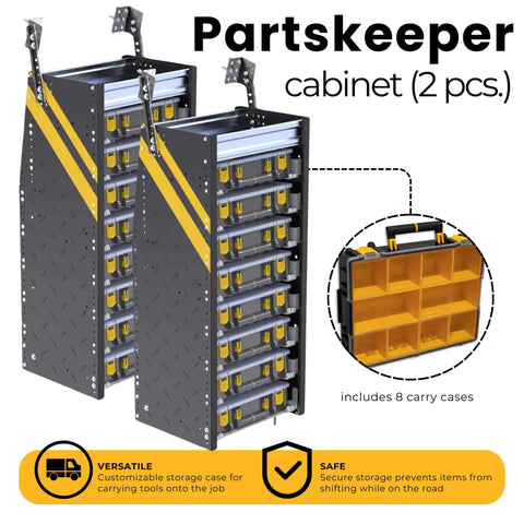 Heavy Duty Van Parts Organizer Storage Cabinet With Eight Removable Carry Cases For Mobile Workshop Tool Safety Job Site Efficiency features two cabinets with removable bins.