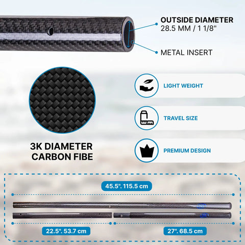 Beach Metal Detecting Sand Scoop In Stainless Steel With Carbon Fiber Handle showing diameter and premium features