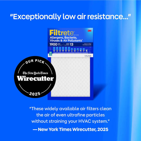 Packaging of 12x12x1 Air Filter MERV 13 MPR 1900 For Allergens, Bacteria, Viruses, And Air Pollutants placed on blue background
