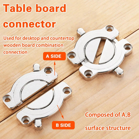 Top Shelf Rock Solid 2 Pack Table Buckle Connectors Heavy Duty Zinc Alloy Wood Joining Hardware with 8 mounting screws displayed on wood.