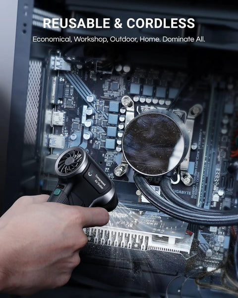 Beast 110000 RPM Cordless Air Duster With 3 Gear Turbo Power used on PC components for dust removal in a computer case