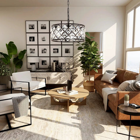 Dope Black Crystal 3 Light Chandelier For Dining Room And Living Room hanging elegantly in a modern seating area
