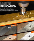 Durable M2 Cobalt HSS Countersink Drill Bit Set showing application on metal surfaces including carbon steel, iron, copper, aluminum.