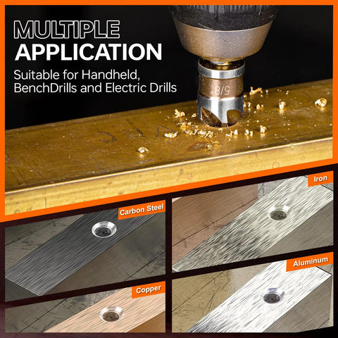 Durable M2 Cobalt HSS Countersink Drill Bit Set showing application on metal surfaces including carbon steel, iron, copper, aluminum.