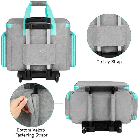 Rolling Sewing Machine Case With Wheels And Trolley Handle showing back view, trolley strap, and bottom Velcro fastening straps
