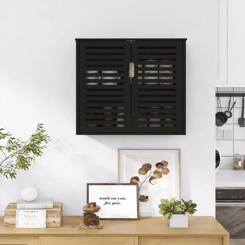 Black Bamboo Over The Toilet Wall Mounted Bathroom Storage Cabinet With Three-Position Adjustable Shelf Hanging Medicine Cabinet With Double Doors Space Saver Organizer For Bathroom Essentials installed over a wooden console.