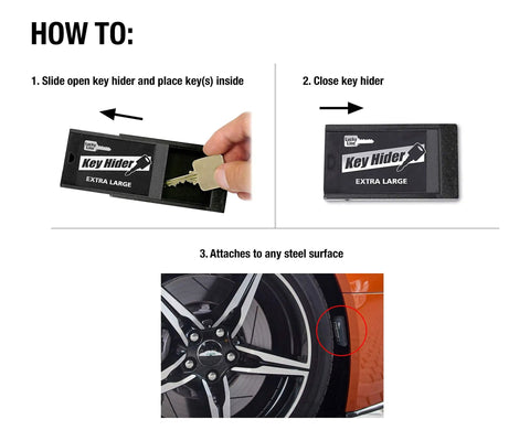 Steps to use Extra Large Magnetic Key Hider Case for Big Keys, showing key placement and attachment under a car.