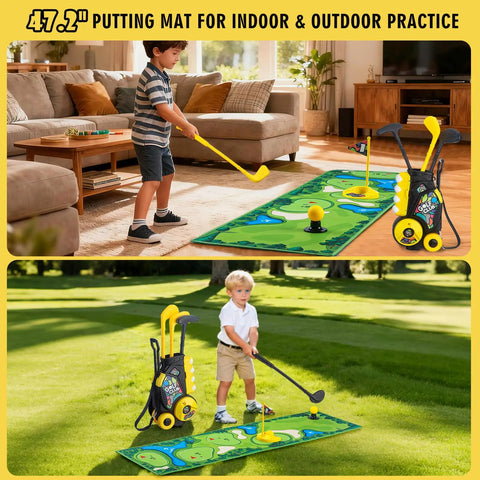All-In-One Toddler Golf Set With Wheeled Cart For Indoor Outdoor Play, Kid-Friendly Design in living room and backyard
