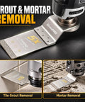 Heavy Duty Diamond Oscillating Saw Blades 4 Pack for grout and mortar removal with diamond blade tips shown in action.