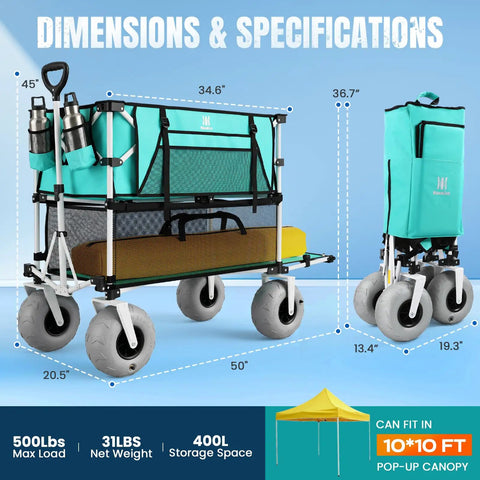 Heavy Duty 500 Lb Double Decker Wagon Cart With 9 Inch Balloon Wheels For Sand Collapsible Beach Cart With Side Pocket Large 400 L Capacity Ideal For Beach Trips Sports Camping Easy Fold Light Blue