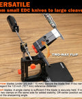 Pro Grade Knife Sharpening System with Adjustable 10 to 35 Degree Angle and a 7 Abrasives Kit shown sharpening a knife