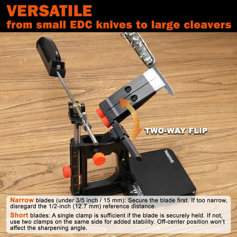 Pro Grade Knife Sharpening System with Adjustable 10 to 35 Degree Angle and a 7 Abrasives Kit shown sharpening a knife