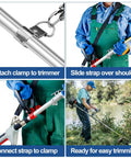 Four images showing an adjustable nylon harness with upgraded metal clip used with string trimmers and outdoor power tools.