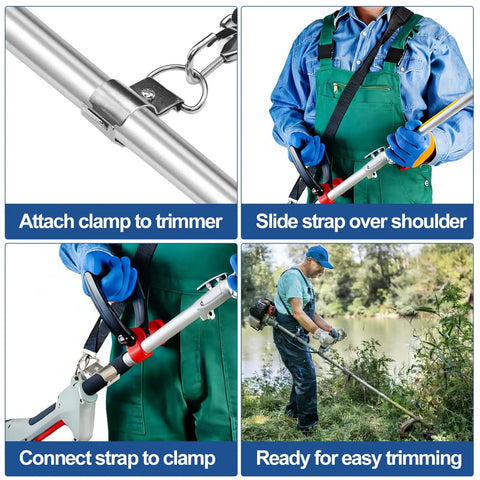 Four images showing an adjustable nylon harness with upgraded metal clip used with string trimmers and outdoor power tools.
