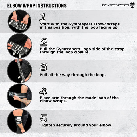Instructions for using Weightlifting Elbow Wraps 40 Inch 1 Pair Flexible Elbow Compression Straps for joint support, steps 1-5.