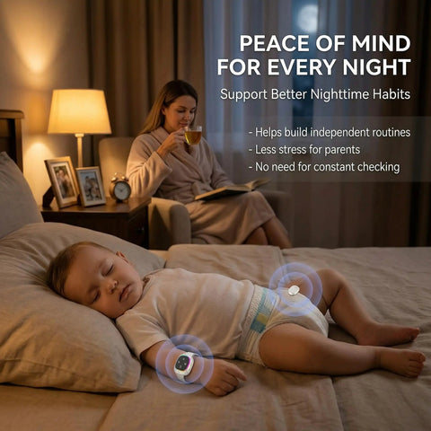 Wireless Bedwetting Alarm Wearable Enuresis Tracker For Kids Teens And Adults, Smart Night Alarm With Three Alert Modes Sound Vibration And Light, Anti Loss Tracking, 20 Day Standby, Keeps Your Nighttime Routine On Track on sleeping child