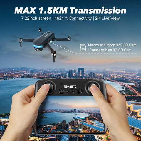 GPS Drone With EIS 2K Camera And 7.22 Inch Remote Screen FPV RC Drones showcasing cityscape with controller view