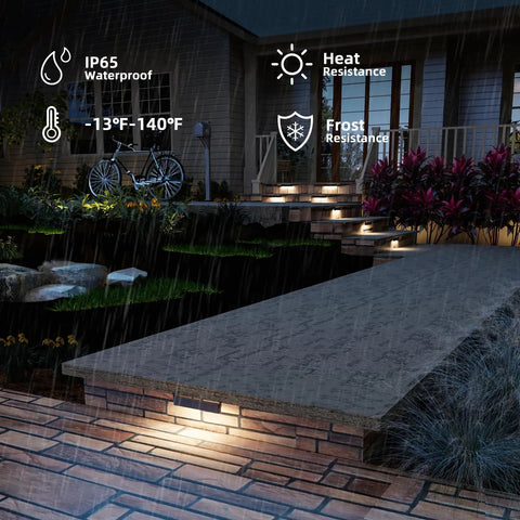 8 Pack 7 Inch Retaining Wall Lights, 5W LED Hardscape Lighting illuminating outdoor steps in rain, IP65 weatherproof, night scene