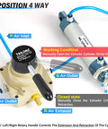 Rotary Lever Pneumatic Hand Valve HV02 1/4 NPT Air Flow Control 3 Position 4 Way Valve diagram with air paths labeled