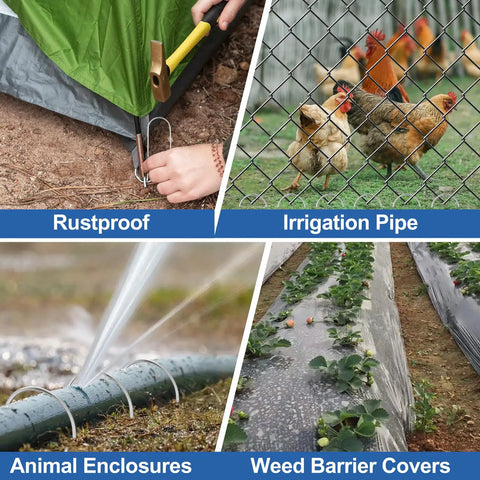 U Shape Drip Irrigation Stakes Pack Of 150 Heavy Duty Galvanized Garden Staples securing tarp, tubing, fencing, and landscape fabric